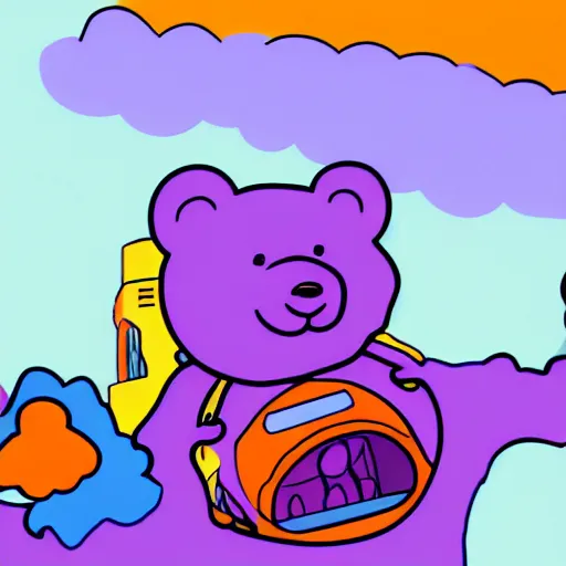 Image similar to cartoon bear wearing clothes being launched out of a futuristic machine into a purple and orange cloud land