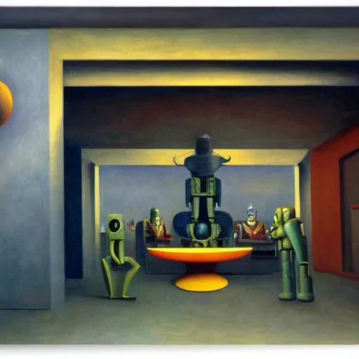 Image similar to robot overlords, spaceship bridge interior, view of earth, blue and gray, pj crook, edward hopper, oil on canvas