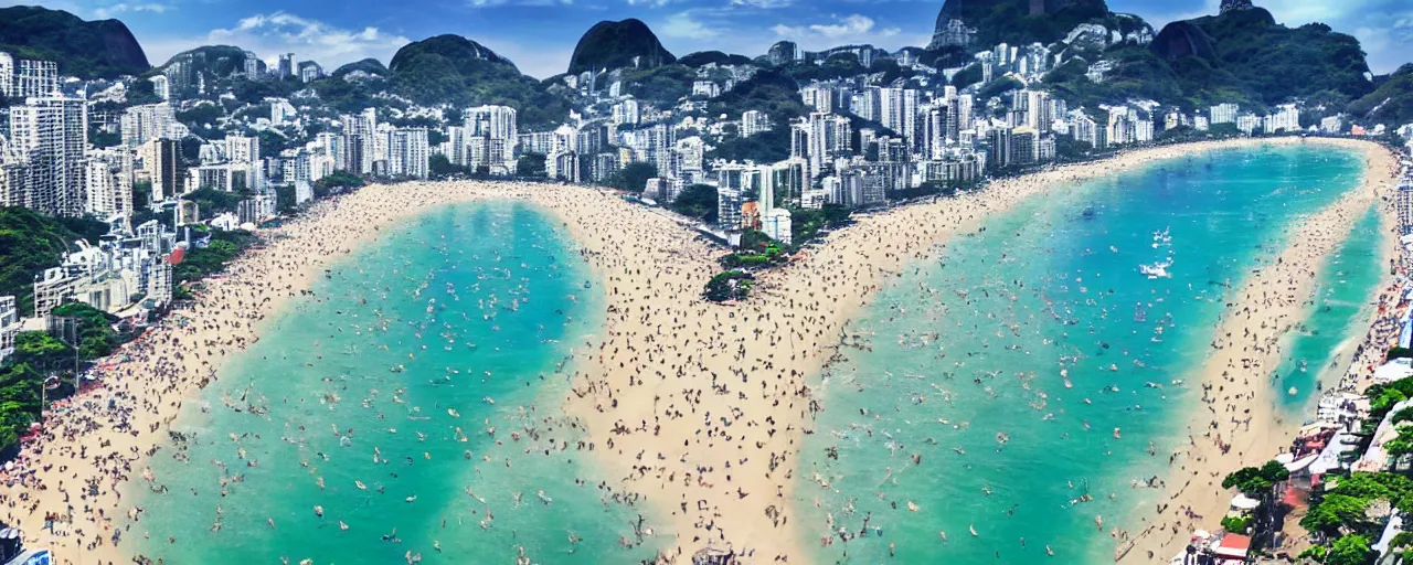 Prompt: beautiful birds eye view of Copacabana beach in Rio de Janeiro anime by makoto shinkai, very coherent symmetrical artwork high detail 8k