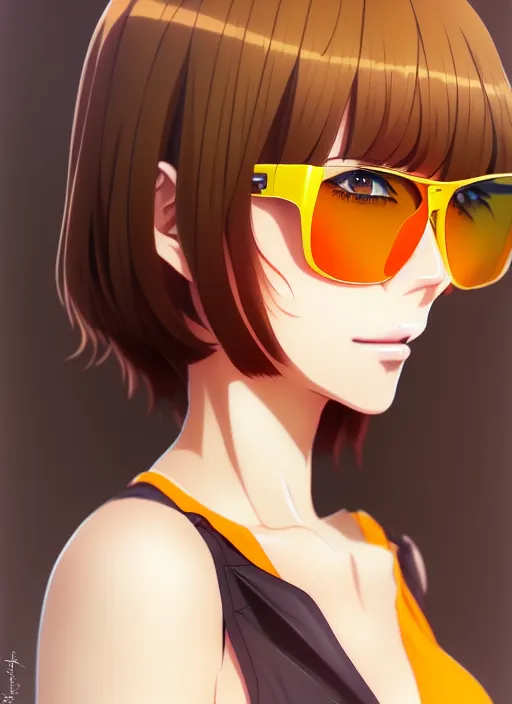 Prompt: anime portrait of a confident woman, brown hair, yellow - orange eyes, wearing sunglasses and two - piece swimsuit, ilya kuvshinov, anime, pixiv top monthly, trending on artstation, cinematic, danbooru, zerochan art, kyoto animation