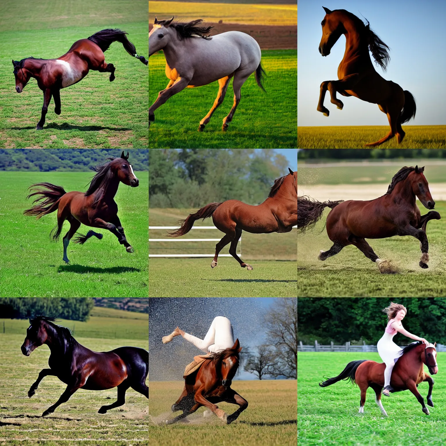 Prompt: cartwheeling horse sideways spinning through the field like a disk