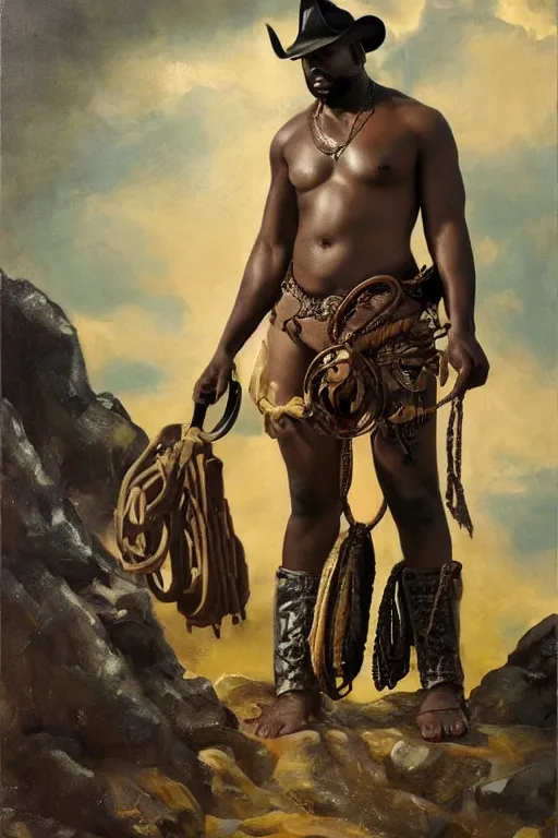 Prompt: a beautiful dramatic epic painting of a thicc handsome black man | he is shirtless and wearing a cowboy hat and covered in leather straps | prairie setting | tarot card, art deco, art nouveau, homoerotic, highly detailed, dramatic lighting, oil painting | by Mark Maggiori, by William Herbert Dunton, by Charles Marion Russell | trending on artstation