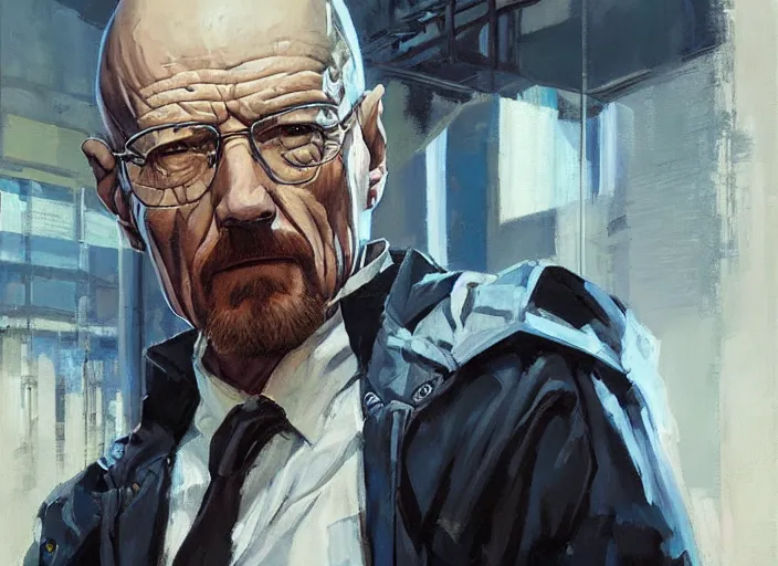 Prompt: a highly detailed beautiful portrait of walter white cyberpunk, by gregory manchess, james gurney, james jean