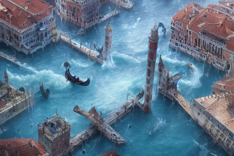 Prompt: water leviathan attacks venice, fancy renaissance italy architecture, mesmerizing, beautiful, fantastical, concept art, highly detailed, artstation, trending, widescreen resolution, feng zhu, shaddy safadi, noah bradley, tyler edlin, jordan grimmer, darek zabrocki, neil blevins, tuomas korpi