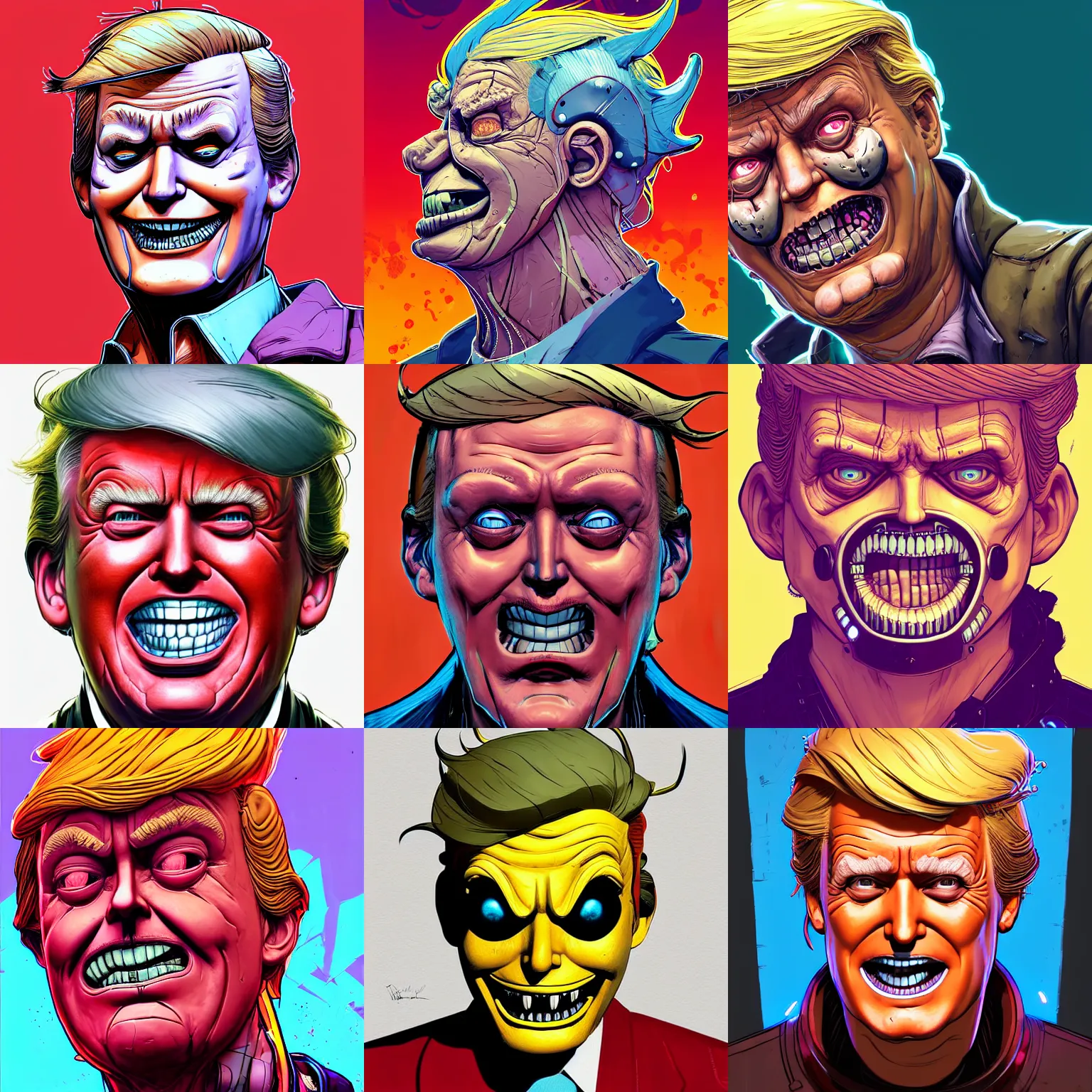 Prompt: cell shaded head portrait of smiling cyber donald trump as Borderlands 3 concept art, llustration, post grunge, concept art by josan gonzales and wlop, by james jean, Victo ngai, David Rubín, Mike Mignola, Laurie Greasley, highly detailed, sharp focus,alien,Trending on Artstation, HQ, deviantart, art by artgem
