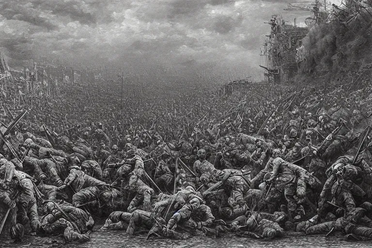 Image similar to highly detailed painting of world war 2, symmetrical, masterpiece, highly detailed painting by gustave dore