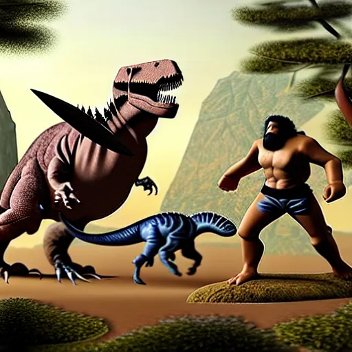 Image similar to A large dinosaur! fighting with several realistic detailed cavemen with proportioned bodies, next to the dinosaur are cavemen, the cavemen are armed with spears, the caveman are in a fighting stance, the cavemen are wearing animal furs, one caveman is stabbing the dinosaur with his spear, one caveman is cowering in fear, coarse canvas, visible brushstrokes, intricate, extremely detailed painting by William Turner (and by Greg Rutkowski)