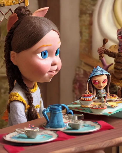 Image similar to highly detailed closeup, face profile portrait of a tin toy greta thunberg as a medieval goblin eating cakes in a castle, bikini, depth of field, nicoletta ceccoli, mark ryden, lostfish, dan decarlo, bob clampett, max fleischer, detailed and intricate environment, 8 k resolution, hyperrealistic, octane render