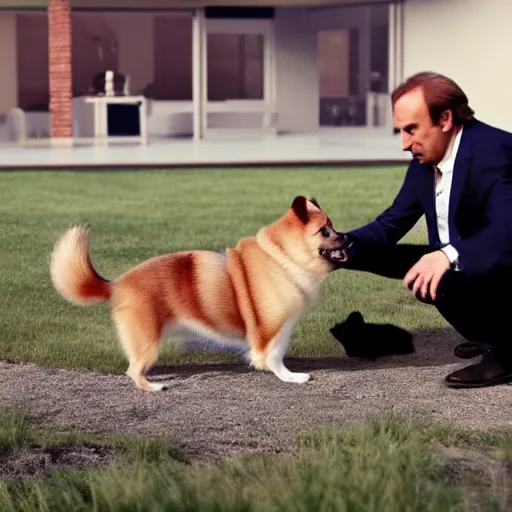 Image similar to Saul Goodman playing with a pomerania dog, open shot, movie still, outdoors, photorealistic, clean, detailed