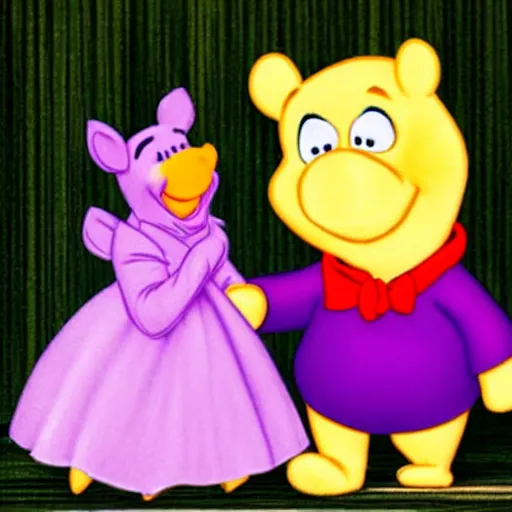 Prompt: winnie the pooh in a purple tuxedo holding hands with miss piggy in a wedding dress. - n 4