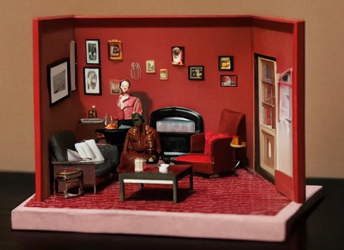 Image similar to Still frame the retro Twin Peaks, depicting the red room scene from Twin Peaks, made by doll miniatures diorama, directed by Nobuhiko Obayashi