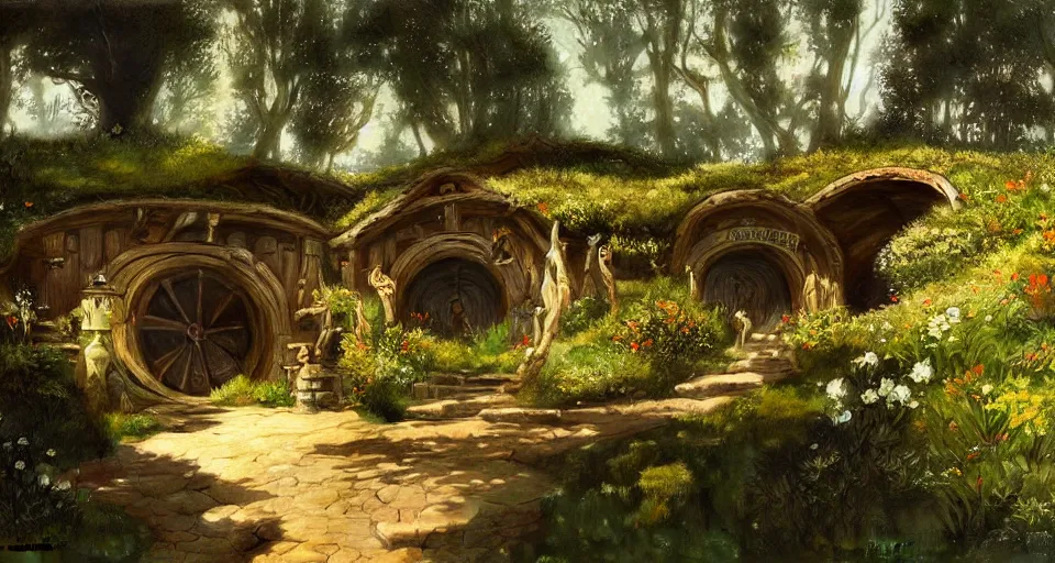 Image similar to the shire, hobbiton, intricate, elegant, highly detailed, john park, frazetta, john howe, ruan jia, jeffrey catherine jones