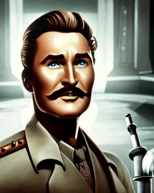 Image similar to Errol Flynn as a scientist. 1980s dystopian Soviet Russia, propaganda screens. Unreal engine, fantasy art by Gintas Galvanauskas. Faithfully depicted facial expression, perfect anatomy global illumination, radiant light, detailed and intricate environment