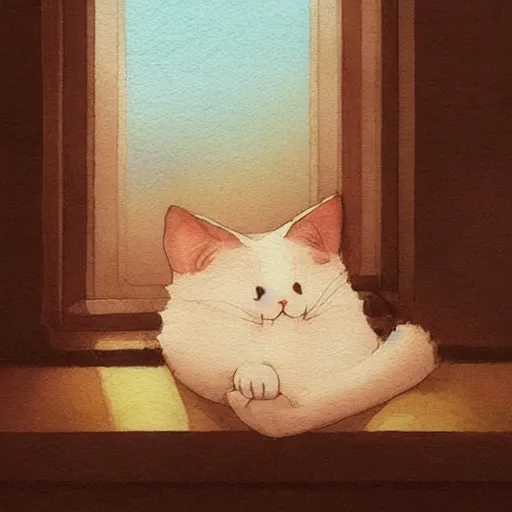 Image similar to head and shoulders masterpiece portrait of a cute adorable cat sleeping on a window sill at sunset, digital art watercolor by krenz cushart and hayao miyazaki and kuniyoshi utagawa, trending on artstation, cgsociety, rich vivid color