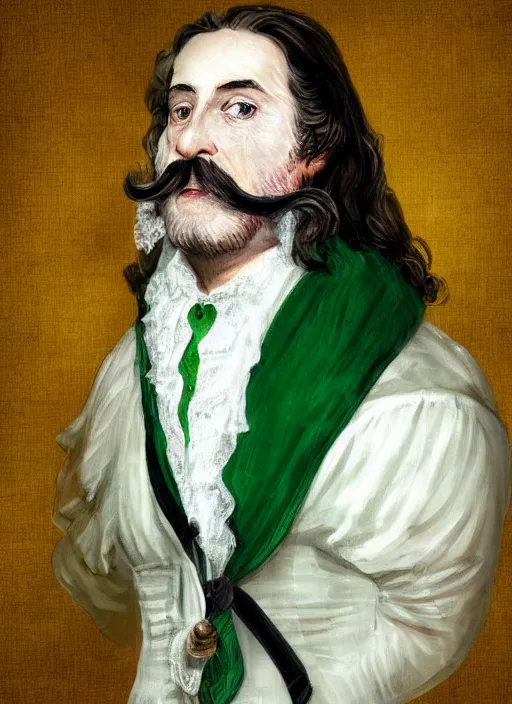 Image similar to an old french baron, long hair, wear an elegant mustach, white scarf, green shirt, by artgem, digital art, highly detailled