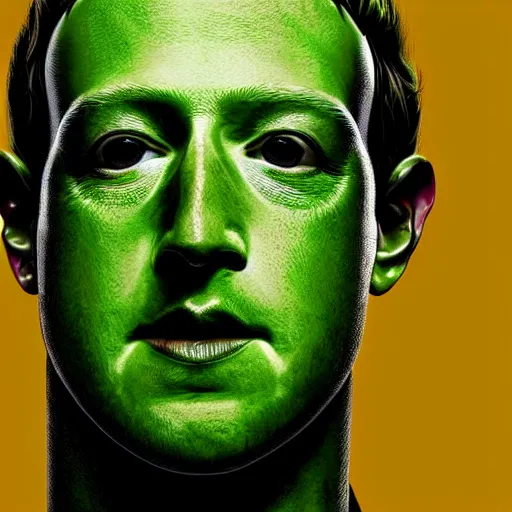 Image similar to Mark Zuckerberg with green scaly skin and yellow glowing eyes.