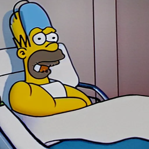 Prompt: homer simpson waving from a hospital bed