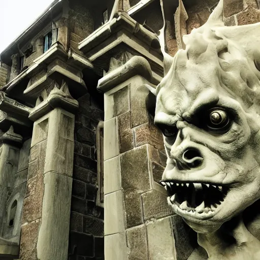 Image similar to entrance of a mansion, gargoyles, plants, background of resident evil game