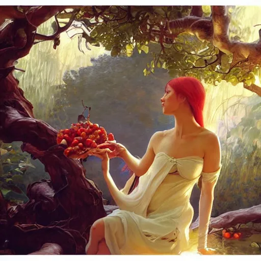 Image similar to eve eating fruit from the tree of knowedge of good and evil in the gardnen of eden, highly detailed, digital painting, artstation, concept art, smooth, sharp focus, illustration, artstation, art by artgerm, greg rutkowski, alphonse mucha, ilya repin and charlie bowater