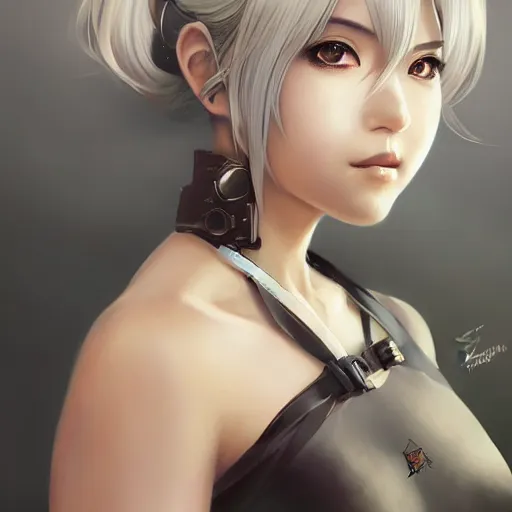 Image similar to A realistic anime portrait of a beautiful 2B from Nier Automata with a human face wearing a kimono, digital painting, by Stanley Artgerm Lau, WLOP, and Rossdraws, digtial painting, trending on ArtStation, deviantart