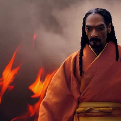 Image similar to cinematic film still of Snoop Dogg starring as a Samurai holding fire, Japanese CGI, VFX, 2022, 40mm lens, shallow depth of field, film photography