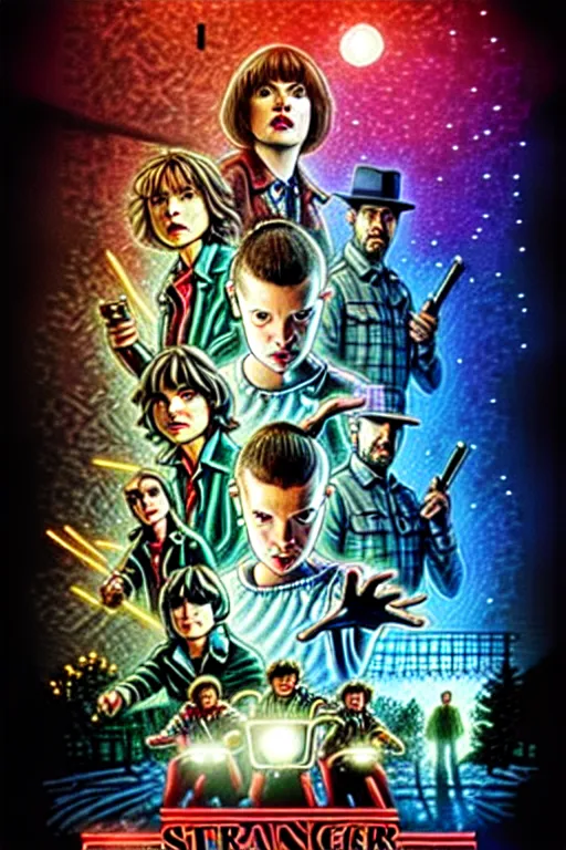 Image similar to Stranger Things poster by Matt Groening, high resolution, hyper detailed, intricate, illustrated, all cast members !n-9