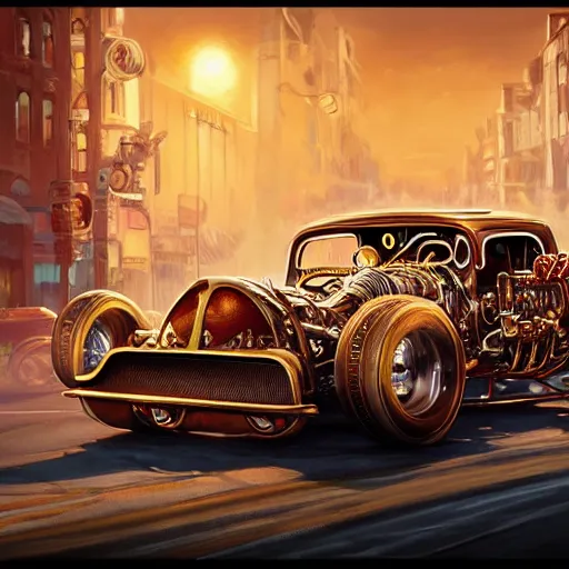 Prompt: detailed intricate digital illustration by greg rutkowski and artgerm and wlop and sanford robinson gifford ; rat fink style hotrod, ratrod dragster in city intersection ; 1 3 mm film, arri alfa anamorphic lens ; long exposure, sharp focus ; golden hour, trending on artstation 8 k