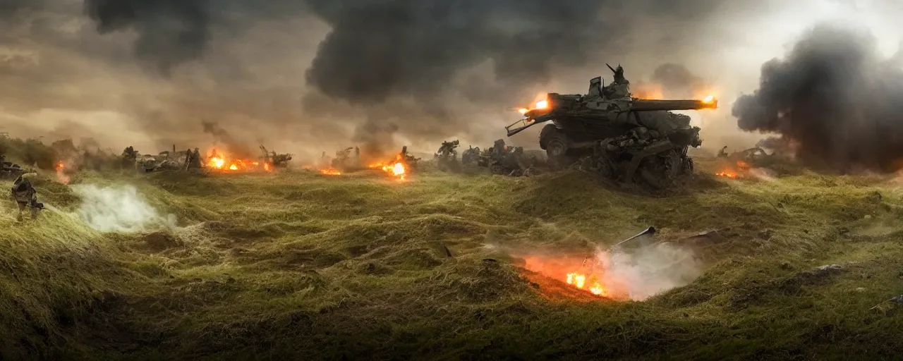 Image similar to natural looking fight landscape of ww 1 trenches, with green gas spreading across land, soldiers are attacking fighting with resistance aliens, futuristic tank is on fire, ground explosion in the background, alien mothership in the sky, hyper realistic, highly detailed, dramatic lighting, raytarced, god rays, 4 k, 8 k, matte painting