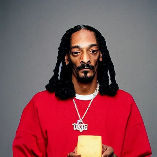 Image similar to Snoop Dogg holding a piece of cheese for a 1990s sitcom tv show, Studio Photograph, portrait, C 12.0