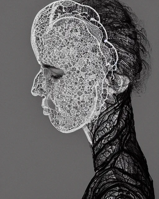 Prompt: a woman's face in profile, made of intricate lace leaf skeleton, in the style of the dutch masters and gregory crewdson, dark and moody