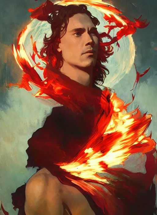 Prompt: portrait of caucasian man, fire, red aura in motion, floating pieces, painted art by tsuyoshi nagano, greg rutkowski, artgerm, alphonse mucha, spike painting