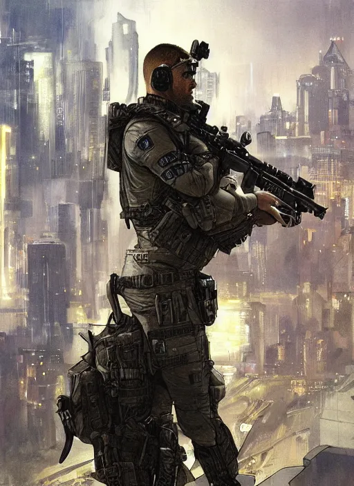 Image similar to Hector. USN special forces operator looking at city skyline. Agent wearing Futuristic stealth suit. rb6s, MGS, and splinter cell Concept art by James Gurney, Alphonso Mucha.