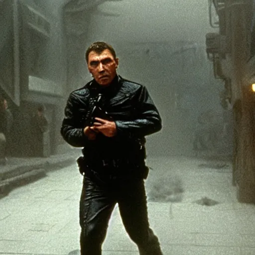 Image similar to film still blade runner with officer Deckard played by Viktor Orban