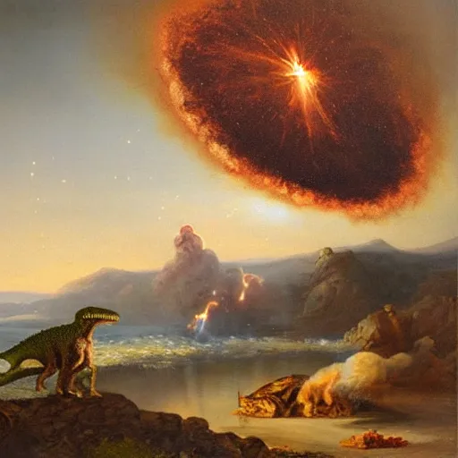 Image similar to masterful oil painting, a meteor crashing to earth while a dinosaur watches it