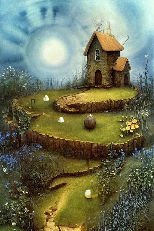 Image similar to beautiful matte painting of a cottage on a hill whimsical by brian froud and bridget bate tichenor with huge dlowing spiral