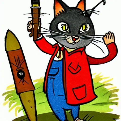 Prompt: illustration of Huckle Cat with a sword in the style of Richard Scarry