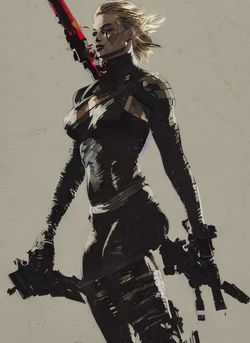 Image similar to Margot Robbie wearing metal gear armor holding gun dramatic lighting art by Richard Schmid by Hokusai by Yoji Shinkawa by greg rutkowski by Sandra Chevrier by Jeremy Lipking cinematic dramatic