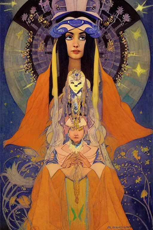 Prompt: queen of the moon with stars in her hair by Nicholas Roerich and Annie Swynnerton and Diego Rivera and jean delville and Carl Larsson, dramatic cinematic lighting , dark skin, silver jewelry, ornate headdress, flowing robes, sacred artifacts, lost civilizations, smooth, sharp focus, extremely detailed