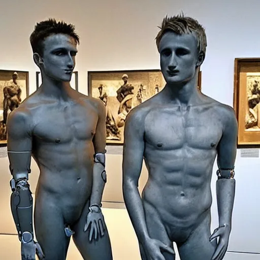 Image similar to “a realistic detailed photo of a guy who is an attractive humanoid who is half robot and half humanoid, who is a male android, British diver Jack Laugher & Chris Mears, shiny skin, posing like a statue, blank stare, at the museum, on display”