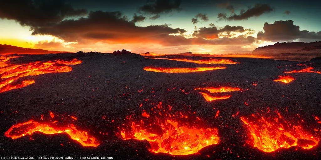 Image similar to award winning photo of Hawaii volcanic landscape, golden hour, by Peter Lik,