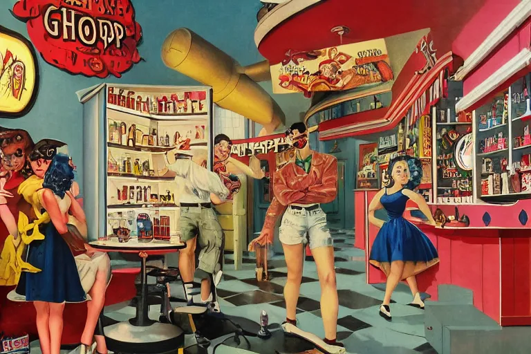 Prompt: a 1 9 5 0 s soda shoppe where a young teenage girl punk and a massive dnd pit fiend devil diablo, gorthalax the insatiable, drink milkshakes together, vintage gnostic horror, high detail gouache painting inspired by norman rockwell and alex ross and edward hopper.