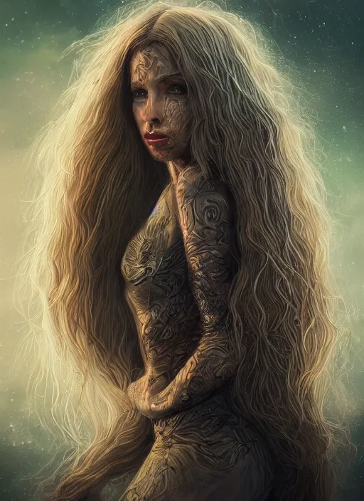 Image similar to beautiful celestial woman with long hair wrapping downward around earth, hyper-detailed, smooth, sharp focus, depth map, digital painting, apocalyptic art, fantasy dark art, 4k ultra hd, cinematic