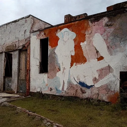 Image similar to fantastic painting intact on wall of a dilapidated war torn house