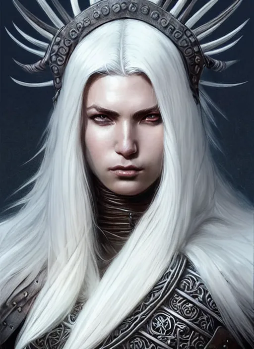 Image similar to warrior, leather armor!!! long wild white hair!! covered chest!!! fantasy, d & d, intricate ornate details, digital painting, pretty face!!, symmetry, concept art, sharp focus, illustration, art by artgerm! greg rutkowski magali villeneuve wlop! ilya kuvshinov!!, octane render