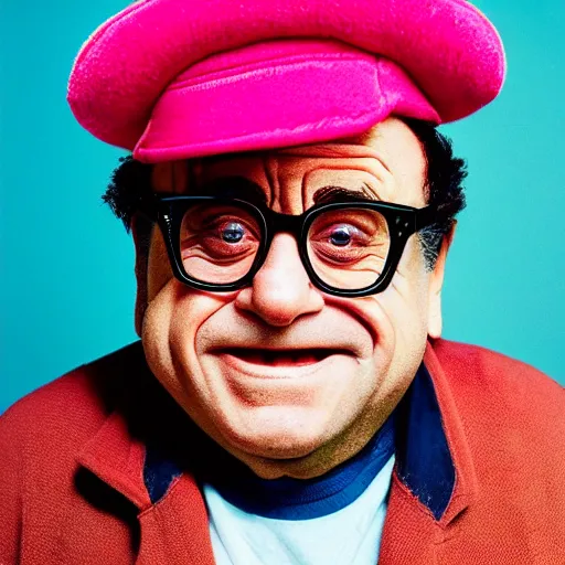 Prompt: closeup Danny DeVito dressed as kirby, round pink character, by Steve McCurry and David Lazar, natural light, detailed face, CANON Eos C300, ƒ1.8, 35mm, 8K, medium-format print