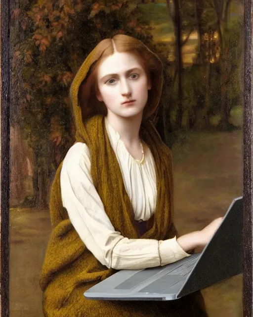 Prompt: Pre-Raphaelite portrait of a young beautiful woman with short blond hair, wearing a hoodie, holding a macbook