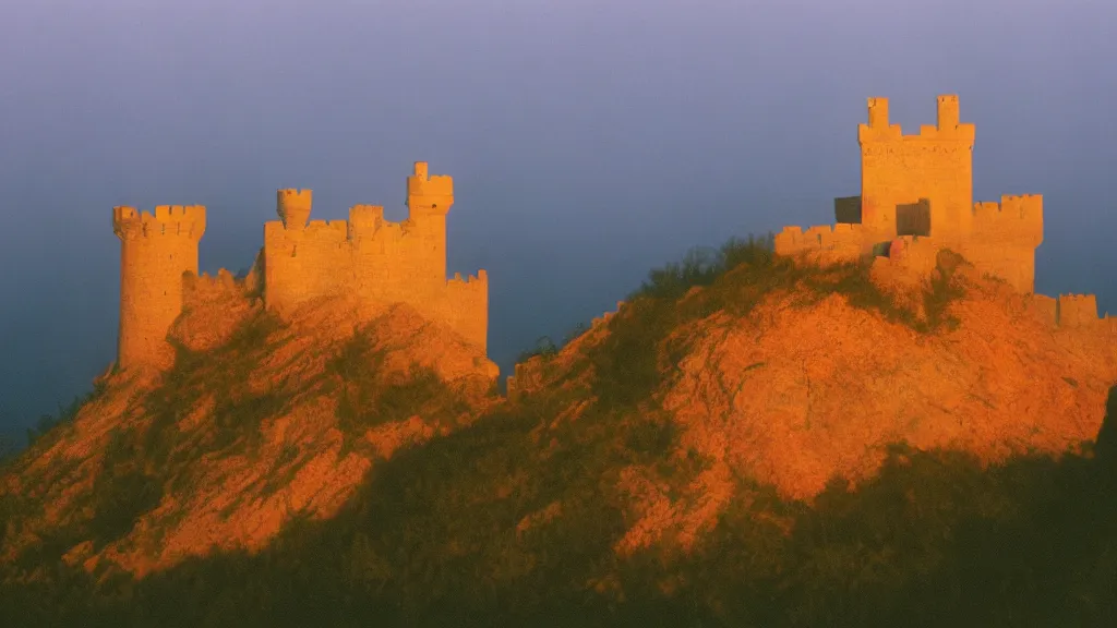 Image similar to castle, velvia, warm color palette, lonely, on a cliff edge