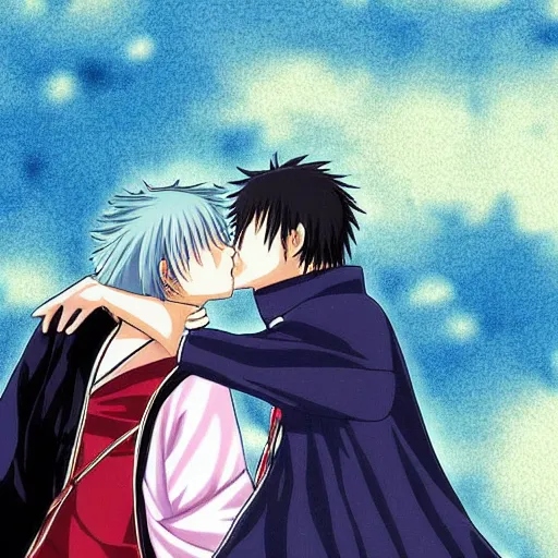 Prompt: Hijikata Toushirou kissing Okita Sougo,Official character illustration,Popular on Pixiv，Gintama,fantasy cherry blossom background