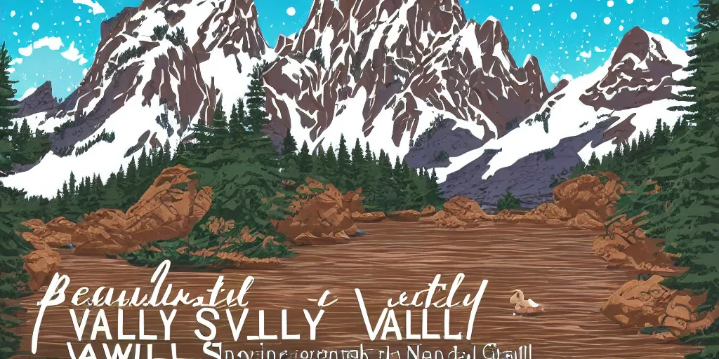 Image similar to beautiful idyllic poster for a craggy snow valley national park