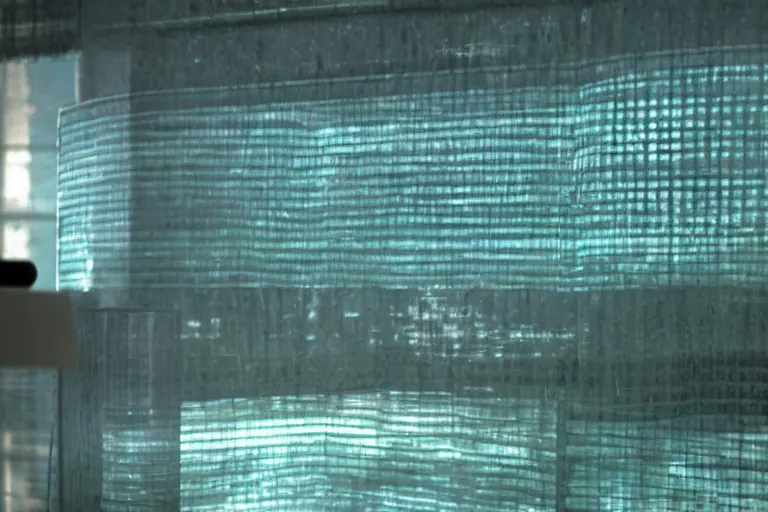 Prompt: translucent aqua casing electronic environment, ps 3 screenshot, still from a kiyoshi kurosawa movie